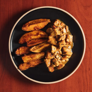 1/4 de pollo a la mostaza y miel con batatas asadas